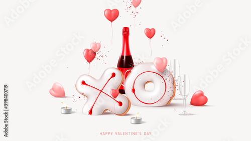 Happy Valentine's Day banner. Holiday background with champagne bottle, glasses, balloons, tea candles, realistic XO cookies, confetti. Vector illustration with 3d render object for Valentine's Day.