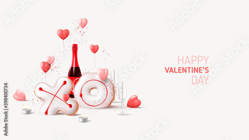 Happy Valentine's Day card. Holiday background with champagne bottle, glasses, balloons, tea candles, realistic XO cookies, confetti. Vector illustration with 3d render object for Valentine's Day.