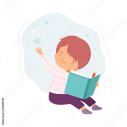 Boy Sitting on Floor and Reading Book, Literature Fan, Education and Imagination Concept Cartoon Style Vector Illustration