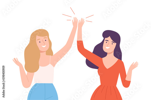 Happy Women Giving High Five to Each Other Vector Illustration