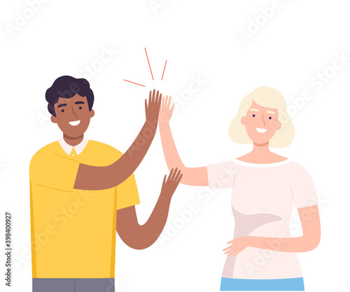 Happy African American Man Giving High Five to Woman Vector Illustration