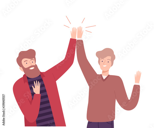 Excited Men Giving High Five to Each Other Vector Illustration