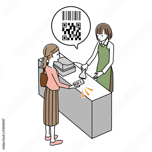 レジでQRコード決済をする女性