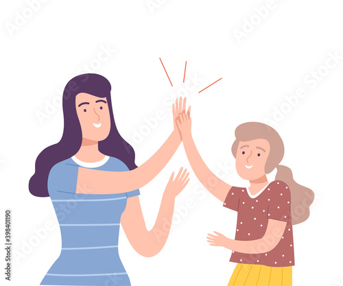 Young Woman Giving High Five to Girl Vector Illustration