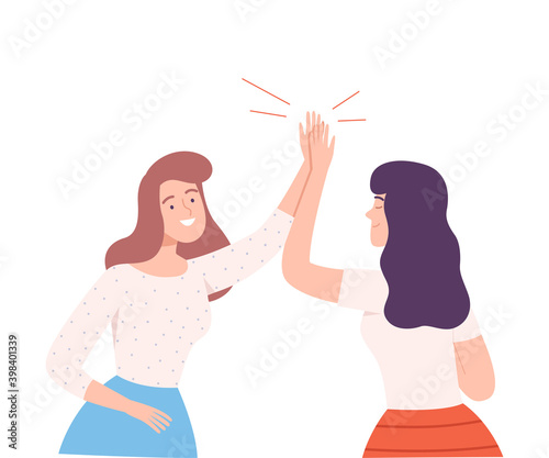 Smiling Females Sliding Hands as High Five Gesture Vector Illustration