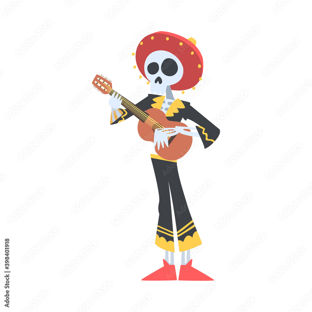 Mexican Musician Skeleton in Traditional Costume and Sombrero Hat Playing Guitar, Day of the Dead Cartoon Style Vector Illustration