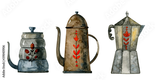 Watercolor teapot, tea and pitcher, pour over, jug for coffee or tea on white background Coffee brewing