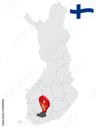 Location Kanta-Hame Region on map Finland. 3d location sign similar to the flag of  Kanta-Hame. Quality map  with regions of  Finland for your design. EPS10.