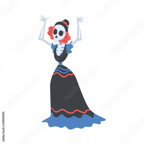 Woman Skeleton in Mexican Traditional Costume Dancing, Day of the Dead Cartoon Style Vector Illustration