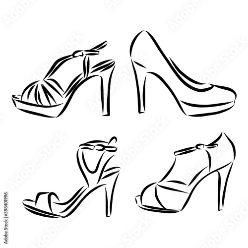 Set with beautiful women's shoes. Freehand drawing style. women's shoes vector sketch illustration