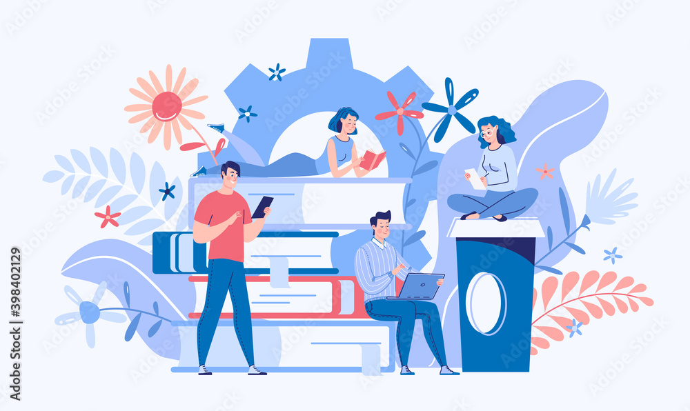 Characters students, freelancers, teachers. Concept online e-learning, self-education, remote work, earning. Library, e-book, e-textbook reading, book archive. Vector. Illustration. Cartoon flat.