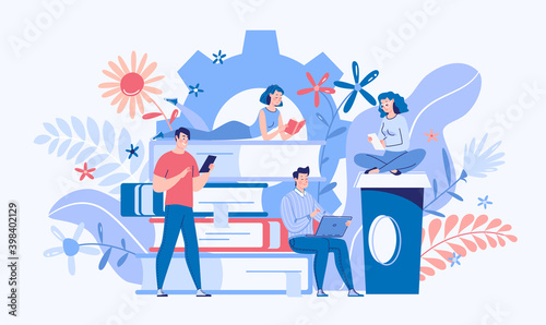 Characters students, freelancers, teachers. Concept online e-learning, self-education, remote work, earning. Library, e-book, e-textbook reading, book archive. Vector. Illustration. Cartoon flat.