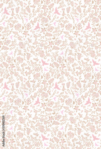 .Seamless pattern of flowers and birds