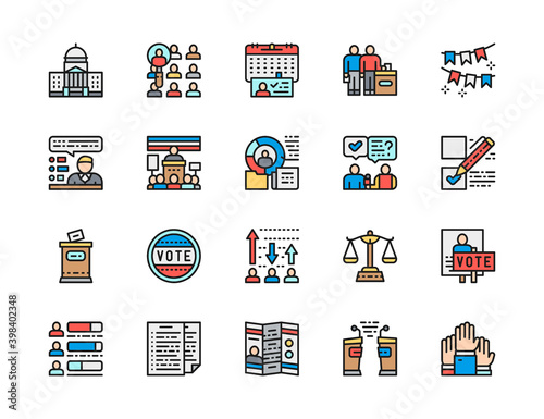 Set of Voting and Elections Color Line Icons. Politician, Debates, Vote and more