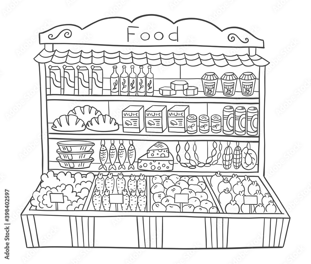 Food showcase. Supermarket or street market. Grocery retail. Shop store. Hand drawn sketch. Vector illustration.