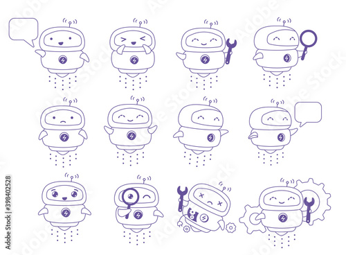 Little flying Robot mascot character set. Support service-center. Chat bot. For all tasks. Thin contour line style. Cartoon vector.