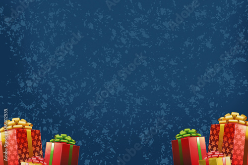 Merry Christmas and Happy Holidays greeting card, frame, banner. New Year. Noel. Christmas ornaments and gift box on blue background top view. Winter xmas holiday theme. Flat lay