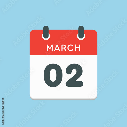 Icon day date 2 March, template calendar page