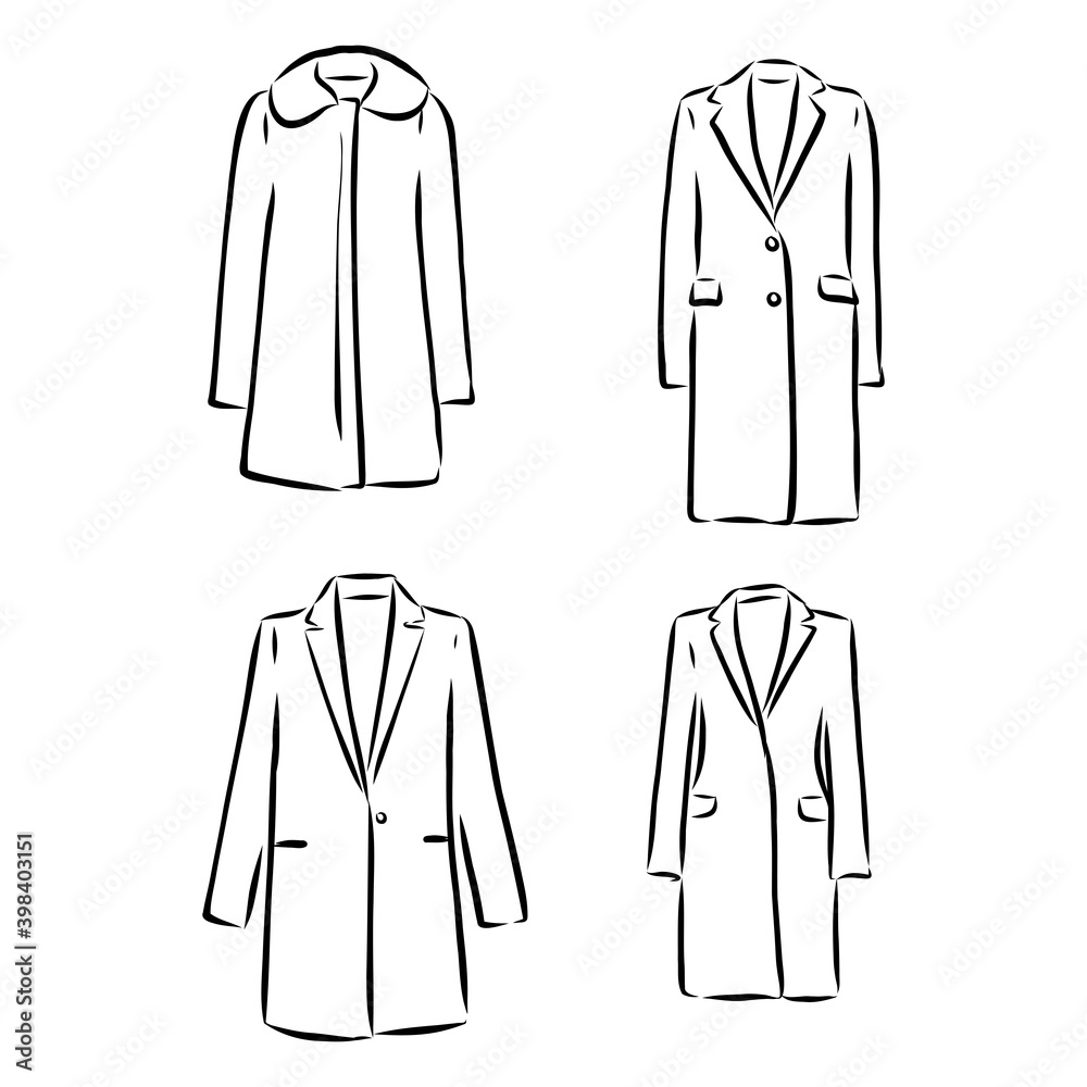 Coat female with long sleeves and pockets. vector. coat, vector sketch illustration. coat vector sketch illustration Coat female with long sleeves and pockets. vector. coat, vector sketch illustration. coat vector sketch illustration