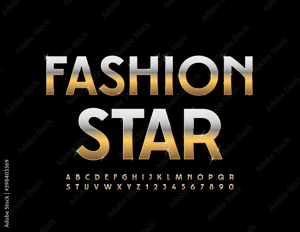 Vector glamour sign Fashion Star. Elite Gold Font. Stylish Alphabet Letters and Numbers set Vector glamour sign Fashion Star. Elite Gold Font. Stylish Alphabet Letters and Numbers set