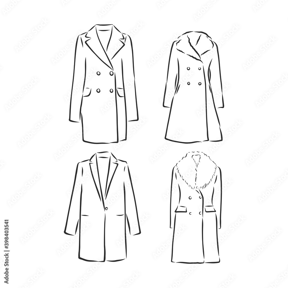 Coat female with long sleeves and pockets. vector. coat, vector sketch illustration. coat vector sketch illustration Coat female with long sleeves and pockets. vector. coat, vector sketch illustration. coat vector sketch illustration