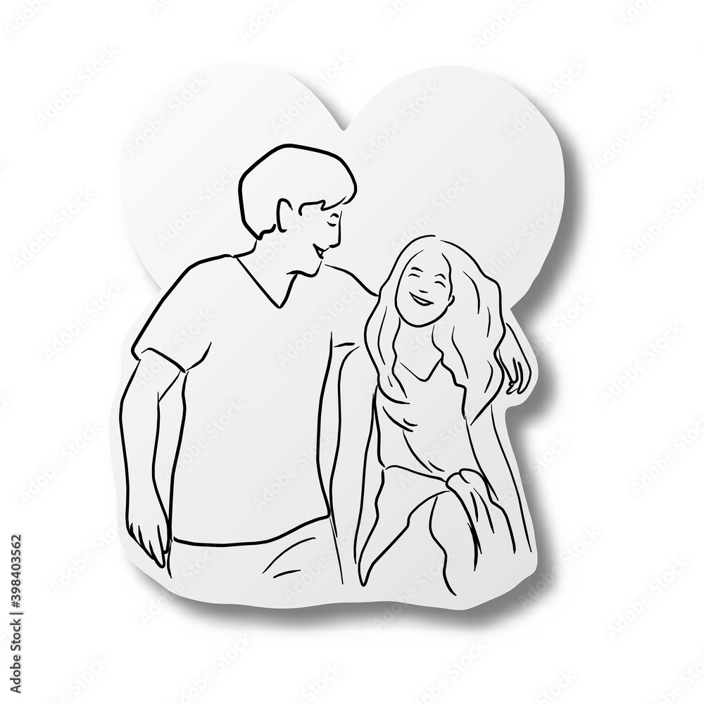 Vector illustration black line hand drawn of lover on heart shape cut paper with shadow isolated on white background. Paper art. Vector illustration black line hand drawn of lover on heart shape cut paper with shadow isolated on white background. Paper art.