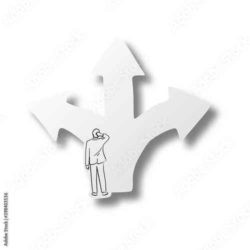 Vector illustration black line hand drawn of confused businessman standing in front of a crossroad with road split in three different ways as arrows on cut paper with shadow isolated on white 