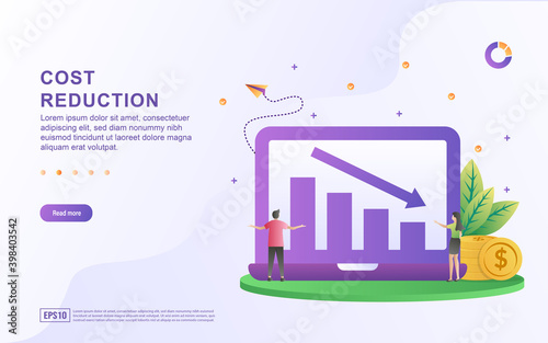 Illustration concept of cost reduction with a graphic image and a down arrow on the screen.
