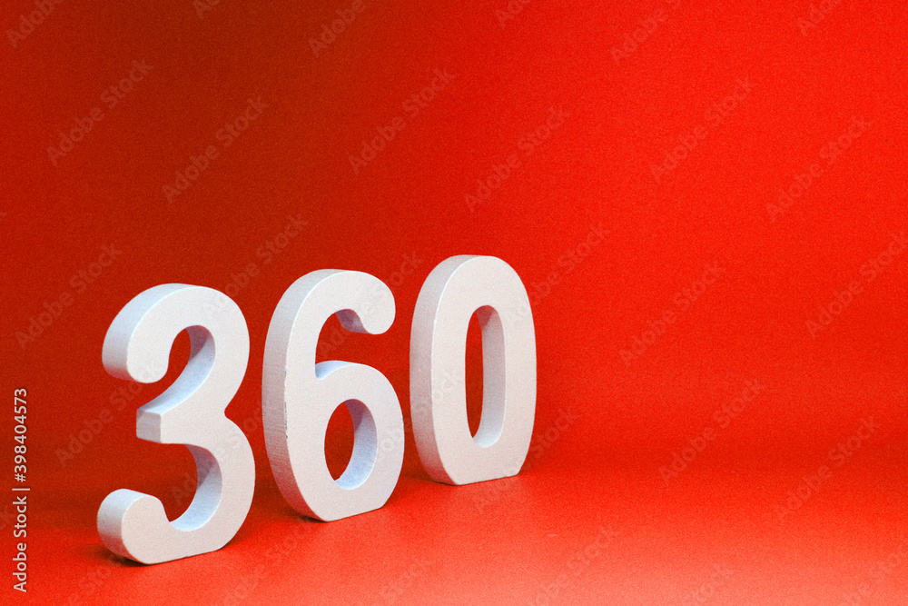 360 ( three hundred sixty ) Isolated red Background with Copy Space - Number 360% Percentage or Promotion - Discount or anniversary concept - Angle Degree 360 ( three hundred sixty ) Isolated red Background with Copy Space - Number 360% Percentage or Promotion - Discount or anniversary concept - Angle Degree