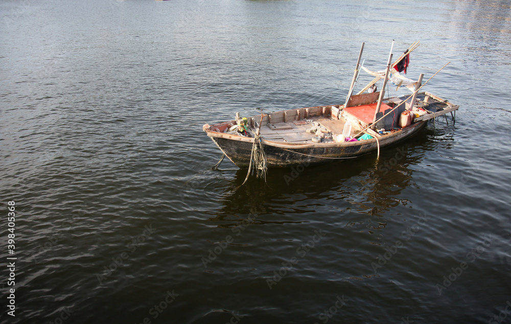 A small boat on the sea.