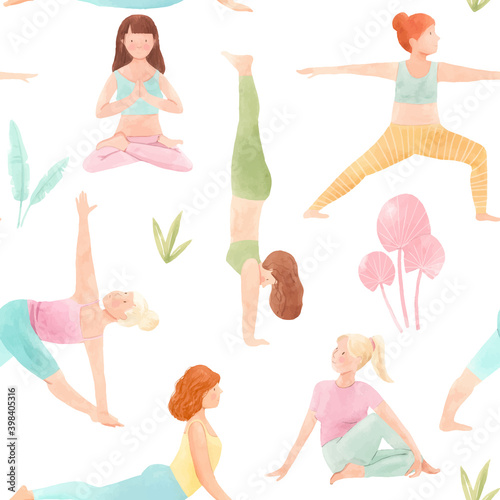 Beautiful vector seamless pattern with watercolor cute yoga girls. Stock illustration.