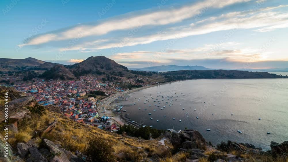 Timelapse of Copacabana city and the Titicaca Lake at sunset, Bolivia. Timelapse of Copacabana city and the Titicaca Lake at sunset, Bolivia.