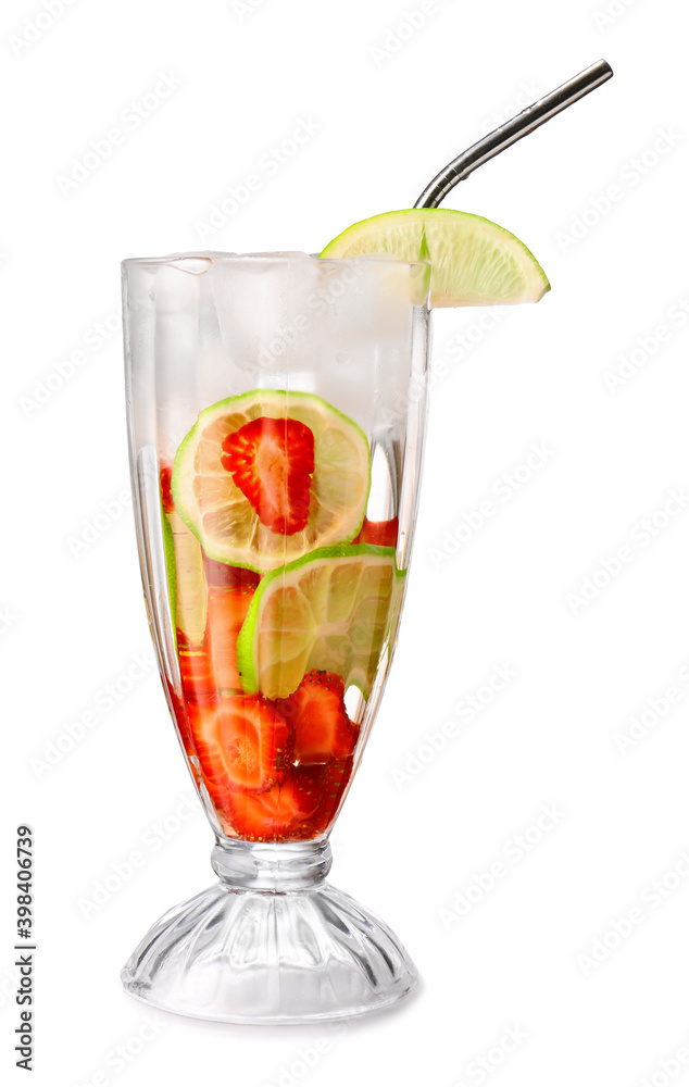 Glass of tasty strawberry mojito on white background Glass of tasty strawberry mojito on white background