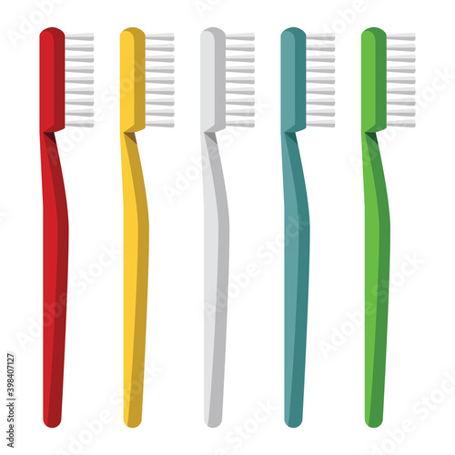 Toothbrush. Set of five multi-colored toothbrushes. The subject of hygiene of the oral cavity. Tooth cleaning. Vector illustration isolated on a white background for design and web.