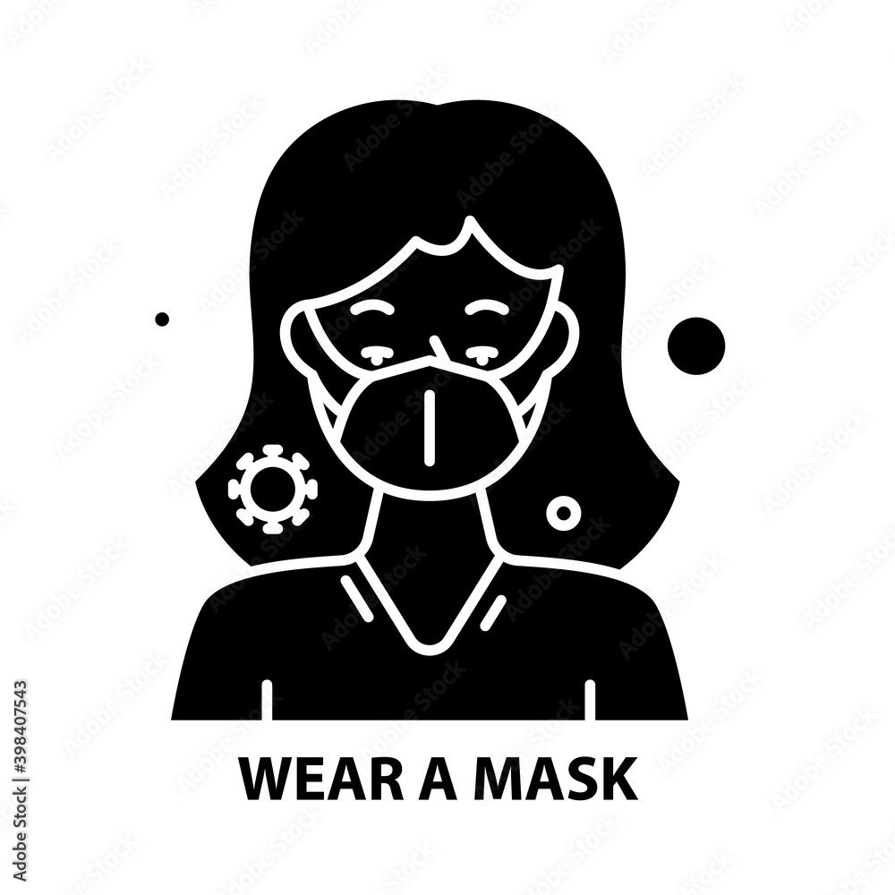 wear a mask sign icon, black vector sign with editable strokes, concept illustration