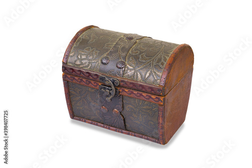 Wooden decorative vintage chest closed on metal clasp with pattern leather-trimmed, isolated on a white background.