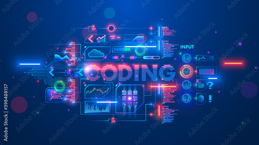 Banner about Programming or coding course neural network and artificial intelligence or AI online on computer languages. Software develop technology learning. Creation code process on distance lesson.