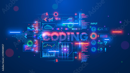 Banner about Programming or coding course neural network and artificial intelligence or AI online on computer languages. Software develop technology learning. Creation code process on distance lesson.