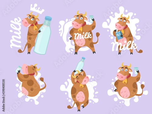 Happy cow cartoon character set, flat vector isolated illustration. Cute farm animal, mascot with milk bottle and glass. Funny cow collection for dairy product packaging label.