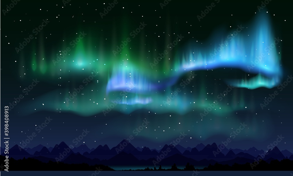 Realistic northern lights, vector illustration. Night sky and amazing polar lights, mountain landscape. Aurora borealis poster, banner template.