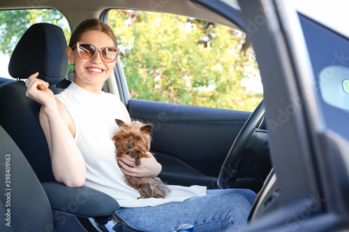 Woman with cute dog in modern car