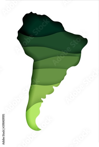 Vector layered paper cut style map of South America continent. Travel poster, banner template.