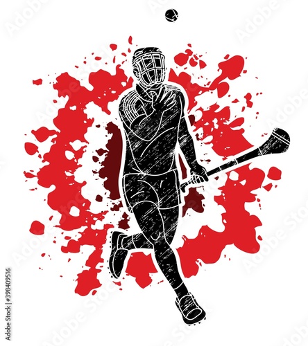 Hurling sport player action. Irish Hurley sport cartoon graphic vector.