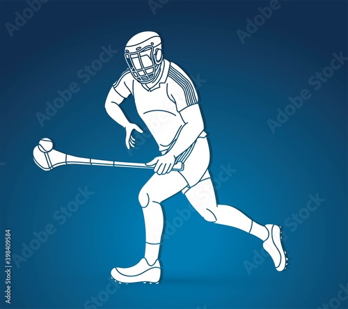 Hurling sport player action. Irish Hurley sport cartoon graphic vector.