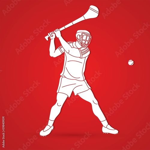 Hurling sport player action. Irish Hurley sport cartoon graphic vector.