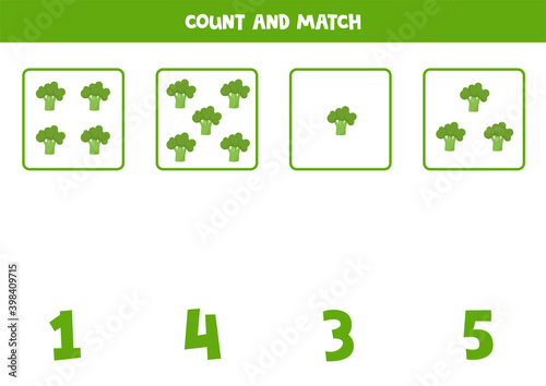 Count all broccolis and match with correct answer. Educational math game for kids.