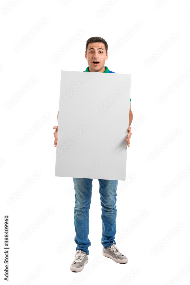 Young man with blank poster on white background Young man with blank poster on white background