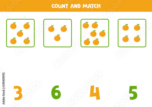 Count all oranges and match with correct answer. Educational math game for kids.