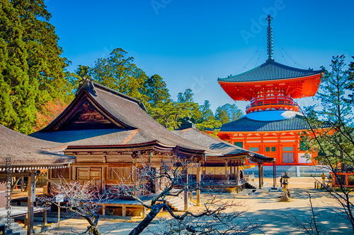 Japan Destinations. View of Danjo Garan Sacred Temple with Konpon Daito (Great pagoda) at Mount Koyasan