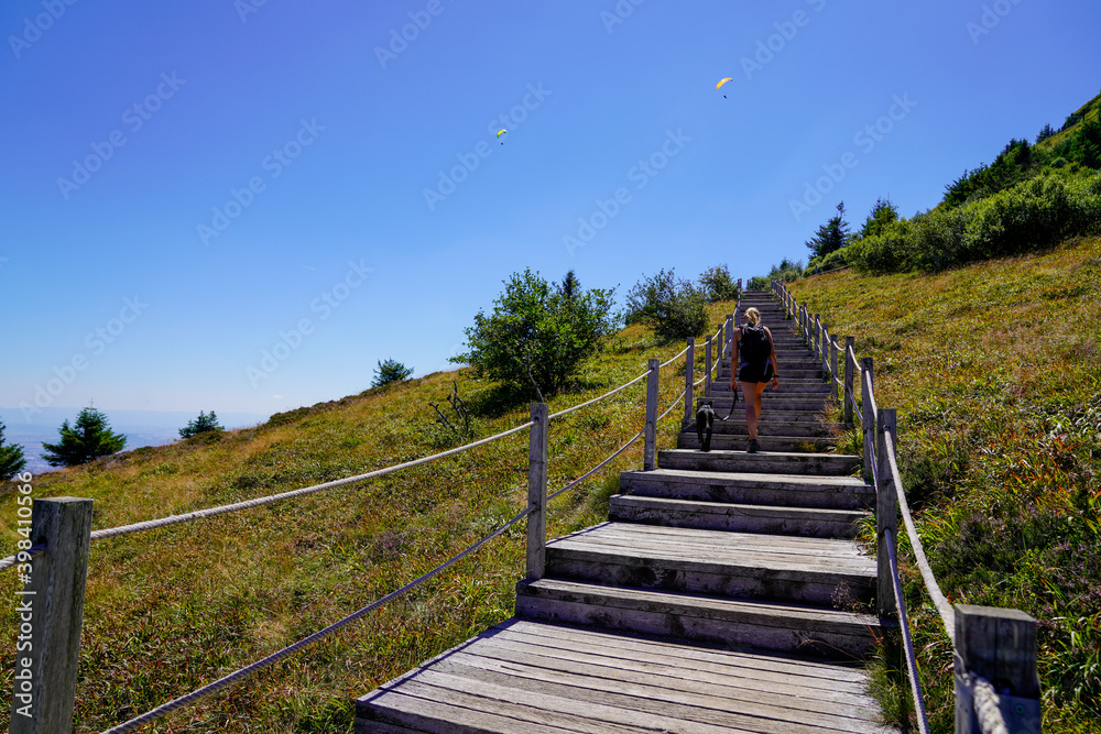 Stairs wooden pathway to access walking of the Puy de Dôme volcano mountain in center france